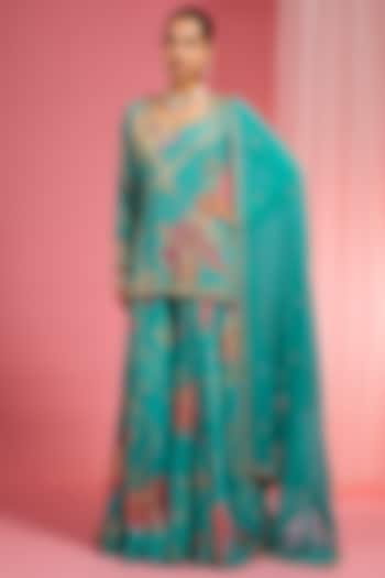 Teal Blue Viscose Organza Printed Wedding Sharara Set by Milu Madan at Pernia's Pop Up Shop