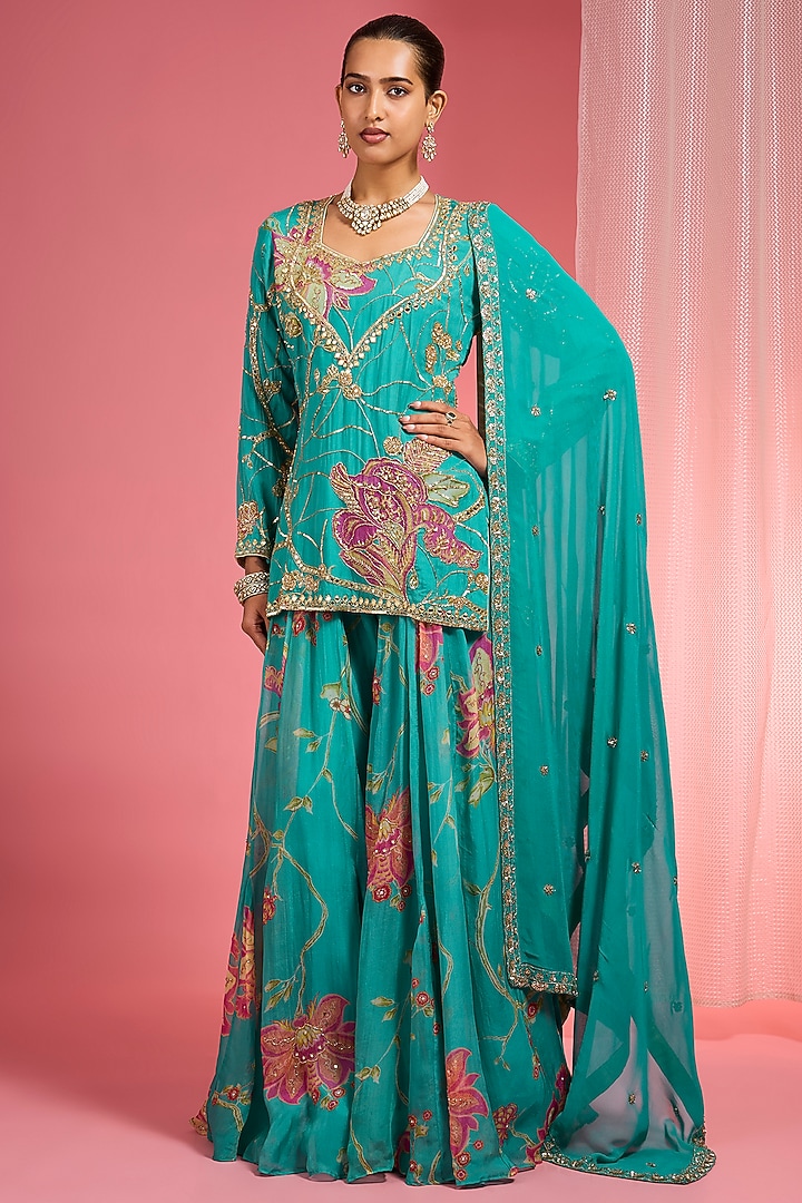 Teal Blue Viscose Organza Printed Wedding Sharara Set by Milu Madan at Pernia's Pop Up Shop