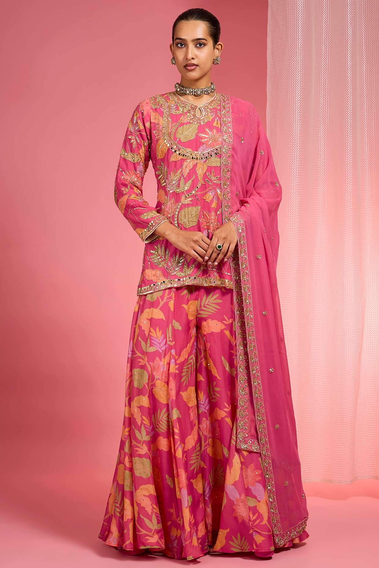 Milu Madan Hot Pink Viscose Organza Printed Sharara Set