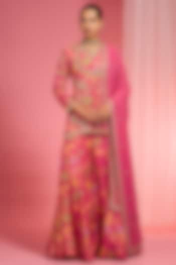 Hot Pink Viscose Organza Printed Wedding Sharara Set by Milu Madan at Pernia's Pop Up Shop