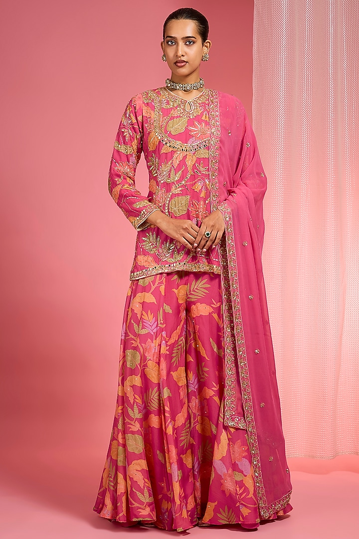 Hot Pink Viscose Organza Printed Wedding Sharara Set by Milu Madan at Pernia's Pop Up Shop
