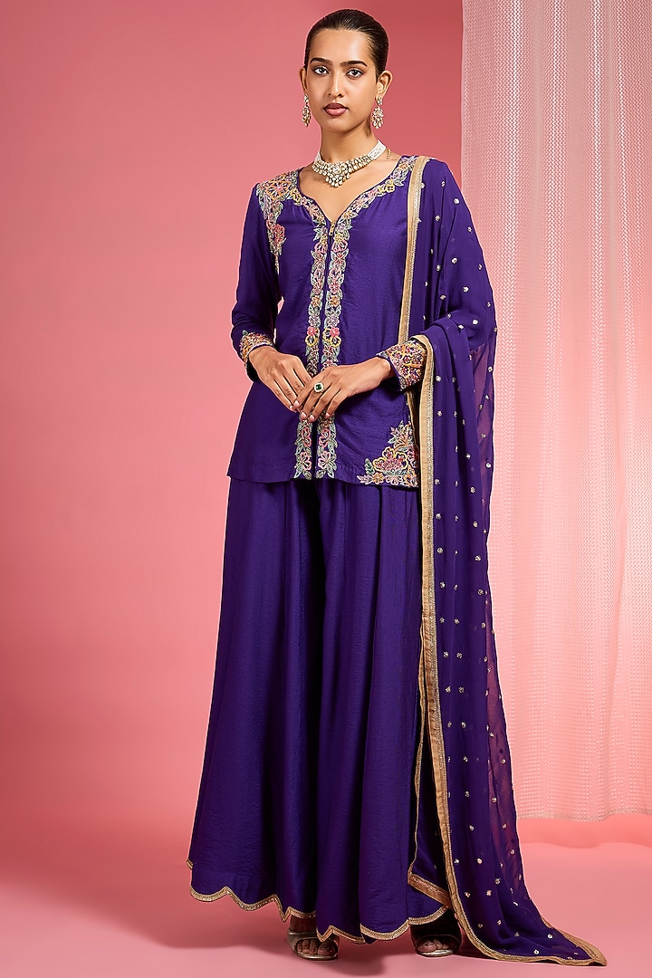 Dark Purple Viscose Katan Silk Party Wear Sharara Set by Milu Madan at Pernia's Pop Up Shop