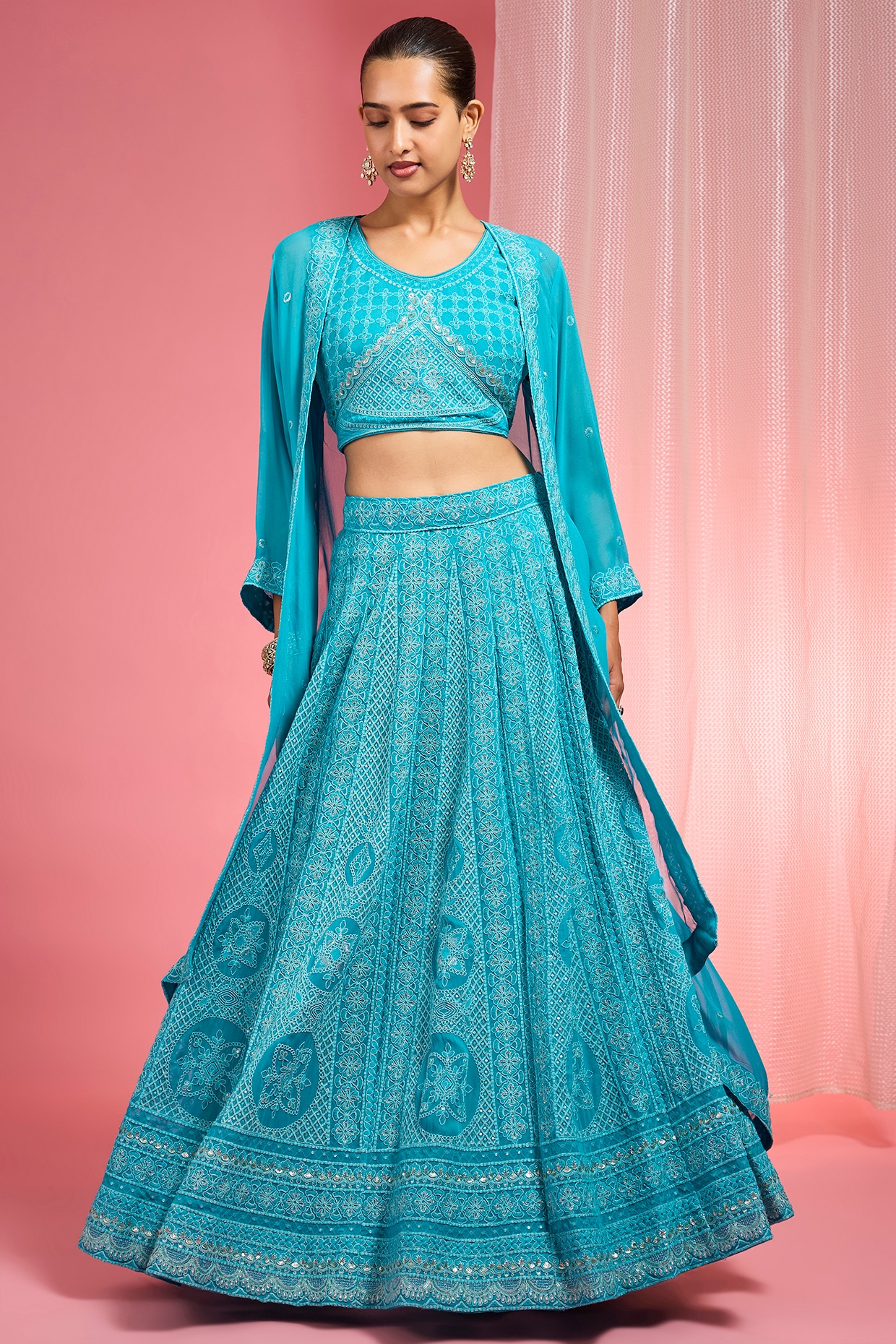 Milu Madan Turquoise Georgette Resham Embroidered Lehenga Set