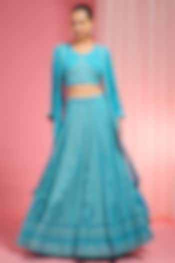 Turquoise Georgette Resham Embroidered Wedding Lehenga Set by Milu Madan at Pernia's Pop Up Shop