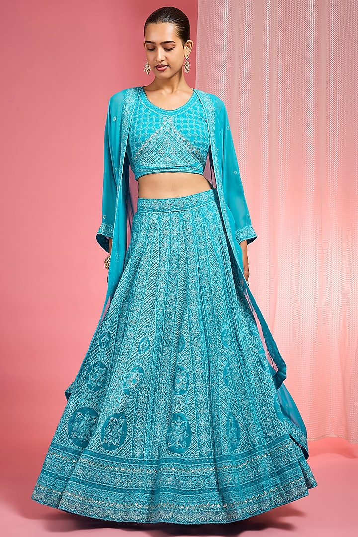 Turquoise Georgette Resham Embroidered Wedding Lehenga Set by Milu Madan at Pernia's Pop Up Shop