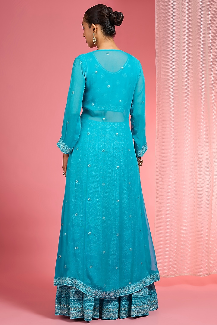 Turquoise Georgette Resham Embroidered Wedding Lehenga Set by Milu Madan at Pernia's Pop Up Shop