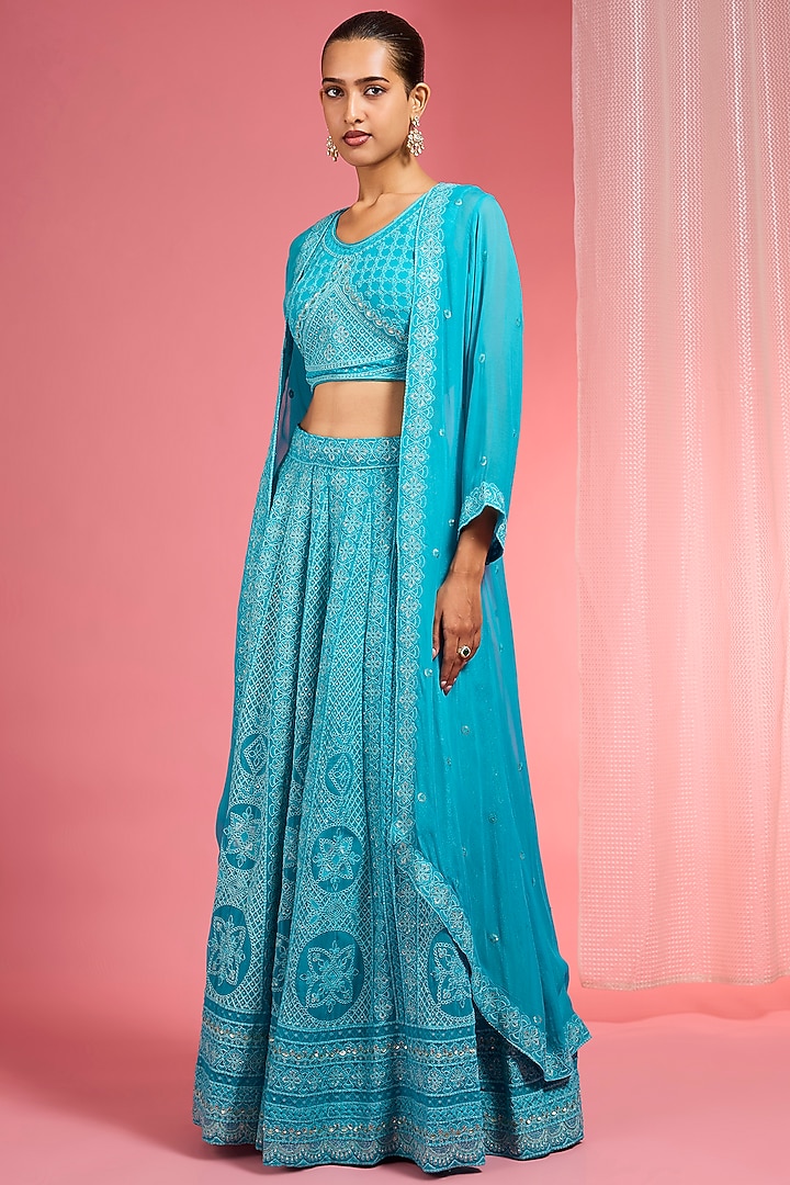 Turquoise Georgette Resham Embroidered Wedding Lehenga Set by Milu Madan at Pernia's Pop Up Shop