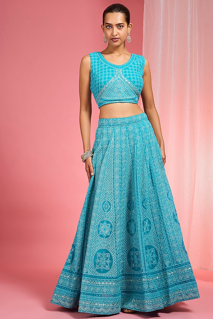 Turquoise Georgette Resham Embroidered Wedding Lehenga Set by Milu Madan at Pernia's Pop Up Shop