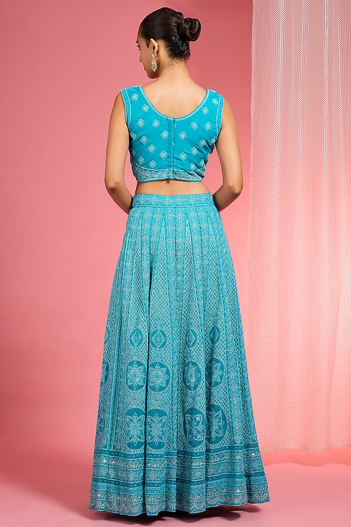 Turquoise Georgette Resham Embroidered Wedding Lehenga Set by Milu Madan at Pernia's Pop Up Shop