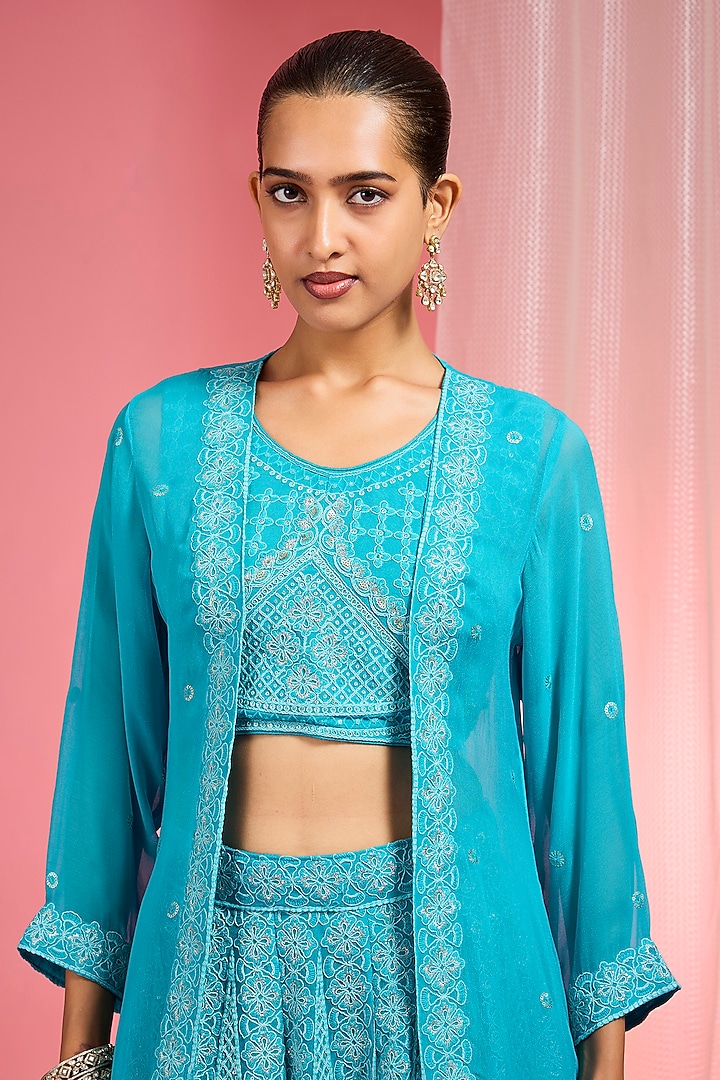 Turquoise Georgette Resham Embroidered Wedding Lehenga Set by Milu Madan at Pernia's Pop Up Shop