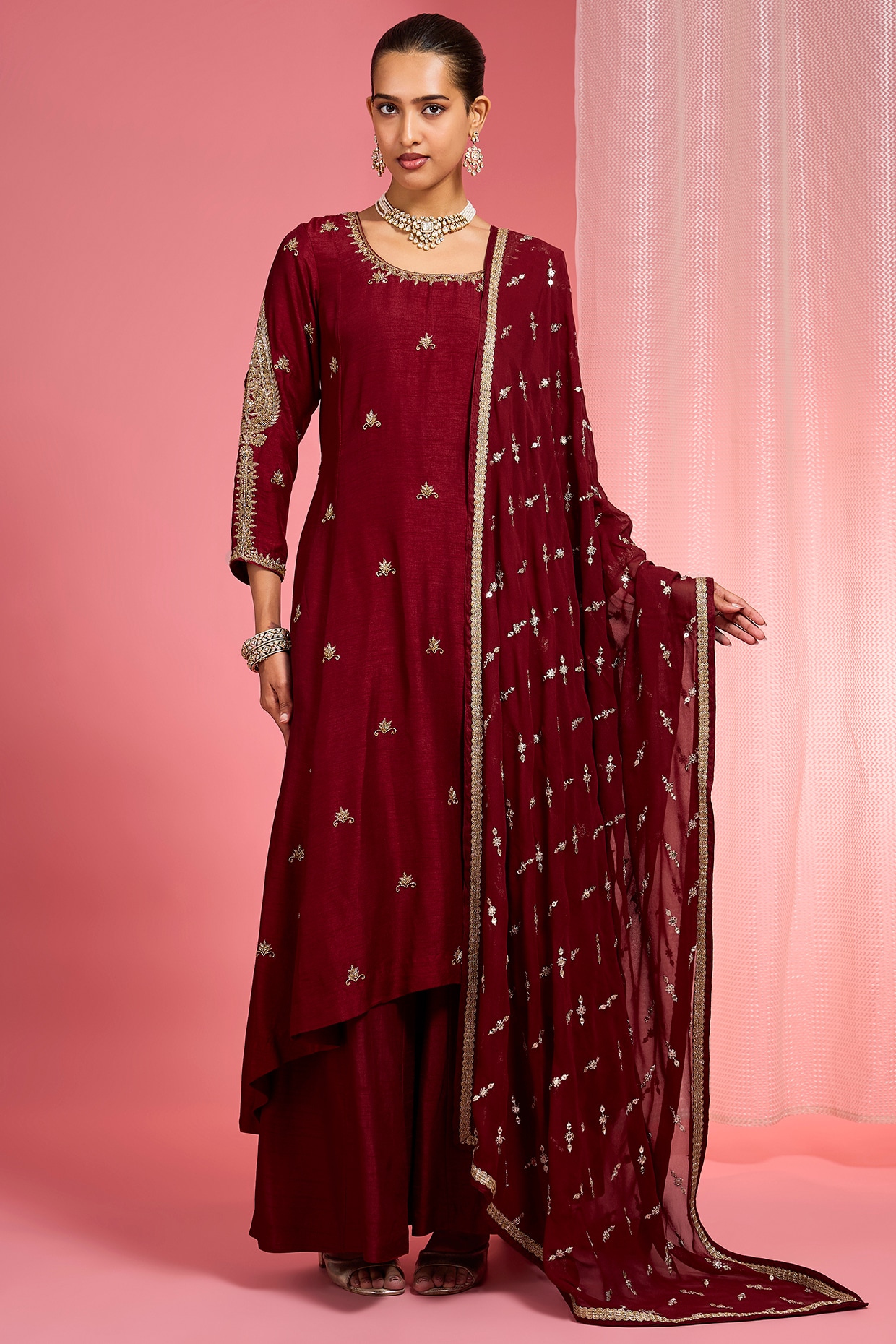 Milu Madan Dark Maroon Viscose Dupion Silk Dabka Hand Embroidered Kurta Set