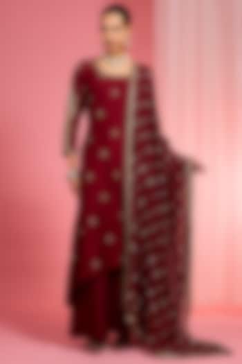 Dark Maroon Viscose Dupion Silk Dabka Hand Embroidered Kurta Set by Milu Madan at Pernia's Pop Up Shop