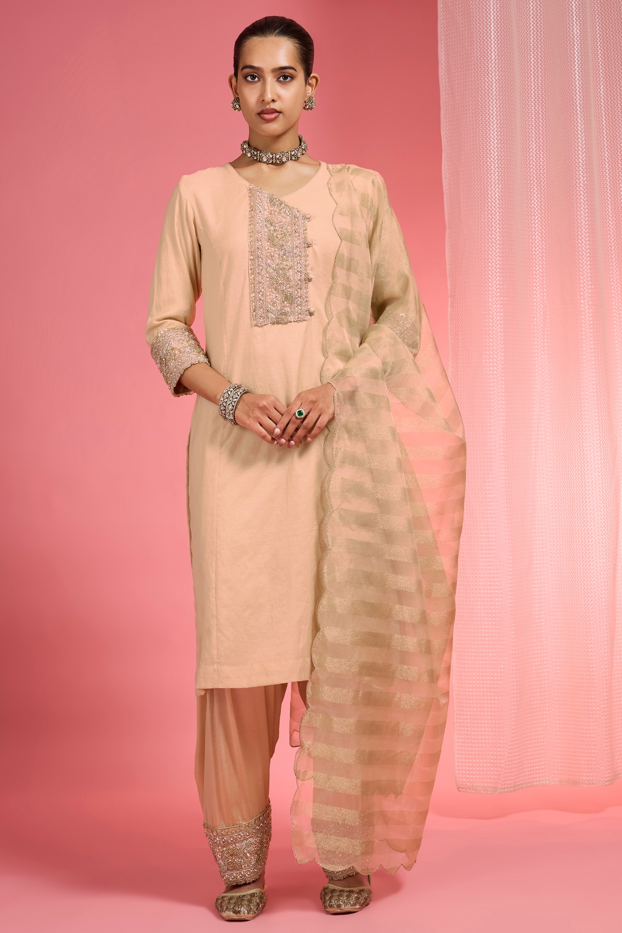 Milu Madan Beige Chanderi Hand Embroidered Kurta Set
