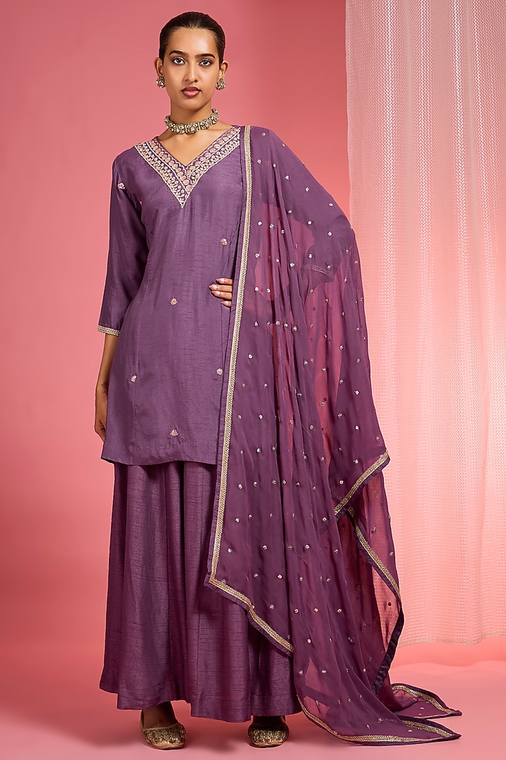 Dull Purple Viscose Dupion Silk Hand Embroidered Kurta Set by Milu Madan at Pernia's Pop Up Shop