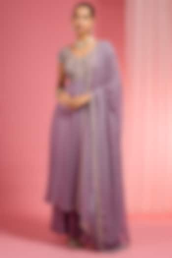 Lavender Georgette Hand Embroidered Wedding Anarkali Set by Milu Madan at Pernia's Pop Up Shop
