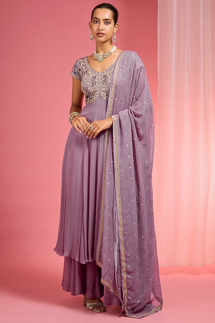 Lavender Georgette Hand Embroidered Wedding Anarkali Set by Milu Madan at Pernia's Pop Up Shop