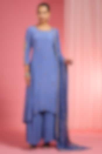 Blue Viscose Crepe Hand Embroidered Kurta Set by Milu Madan at Pernia's Pop Up Shop