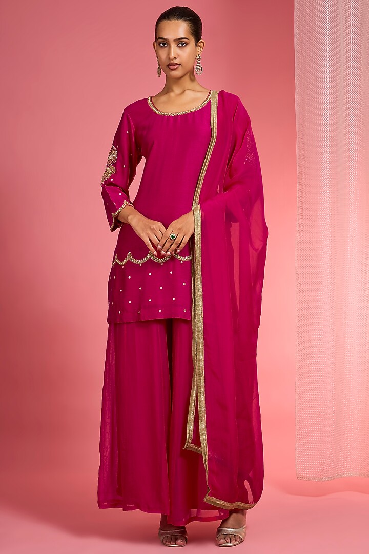 Rani Pink Viscose Organza Party Wear Sharara Set by Milu Madan at Pernia's Pop Up Shop