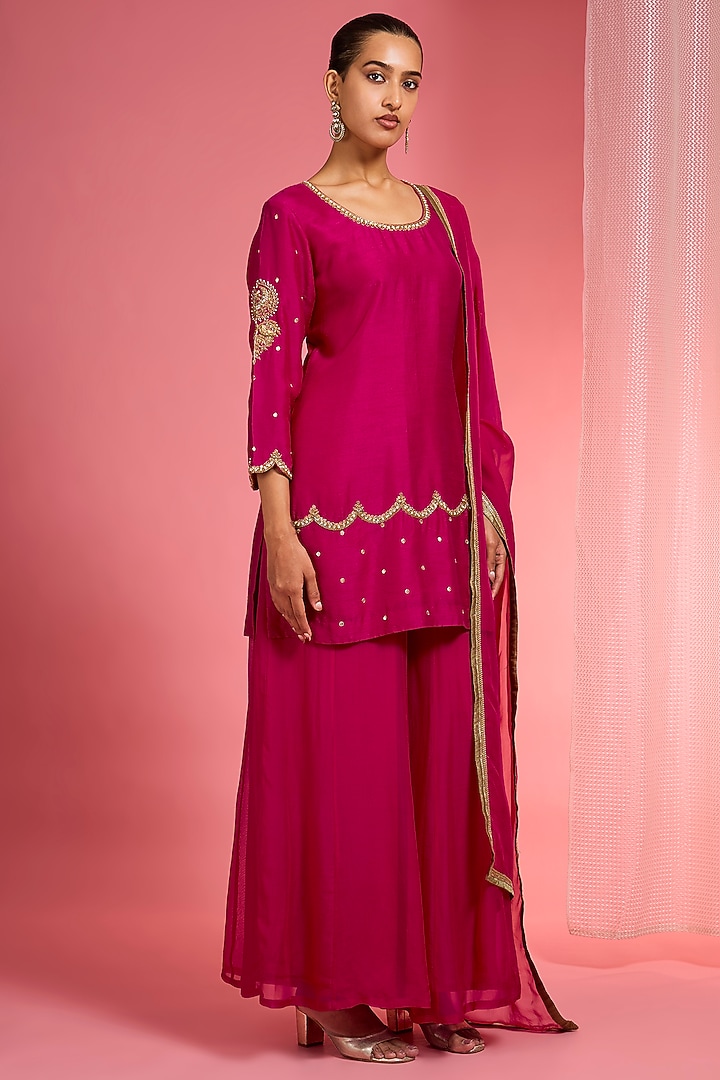 Rani Pink Viscose Organza Party Wear Sharara Set by Milu Madan at Pernia's Pop Up Shop