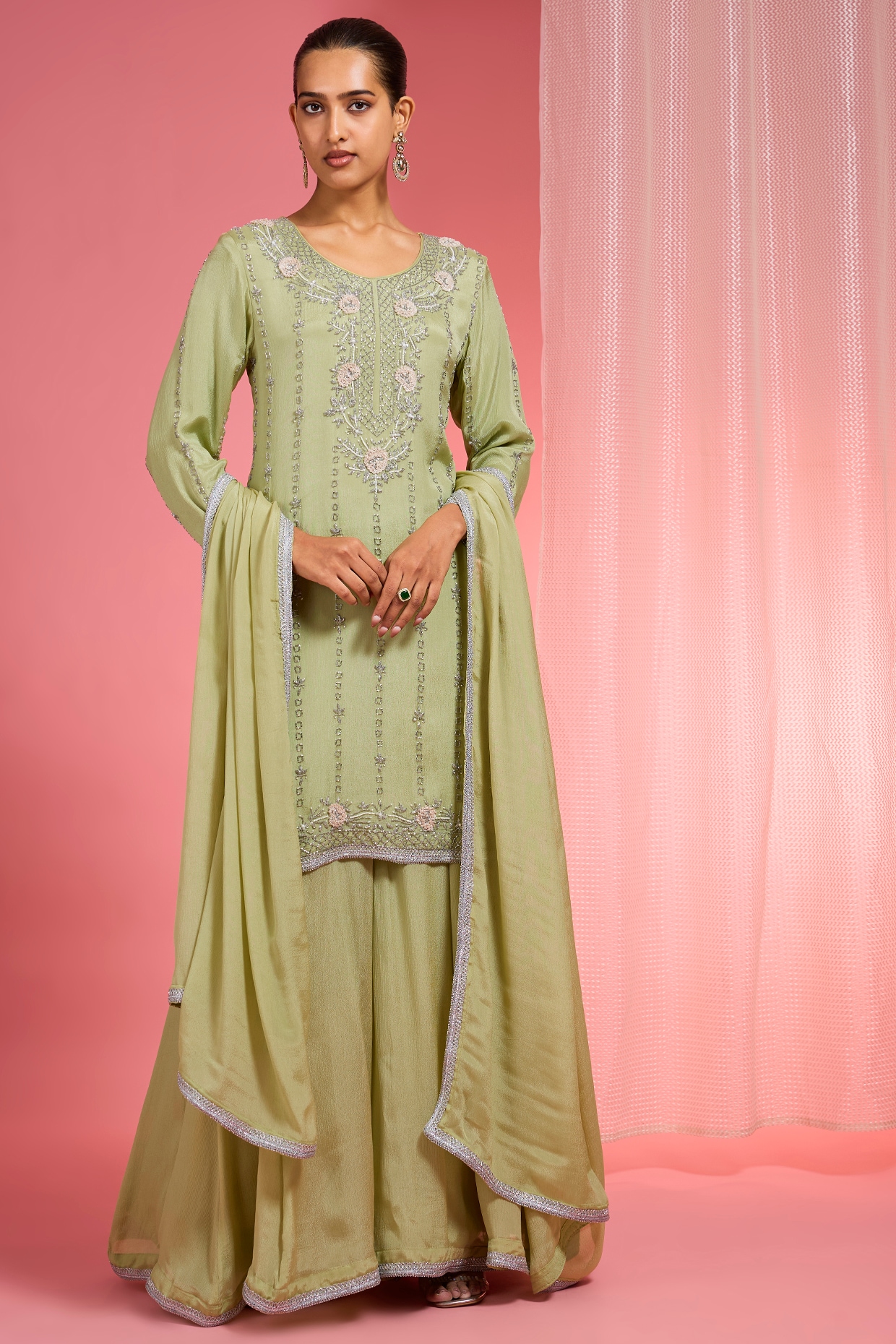 Milu Madan Light Green Viscose Chinon Chiffon Sharara Set