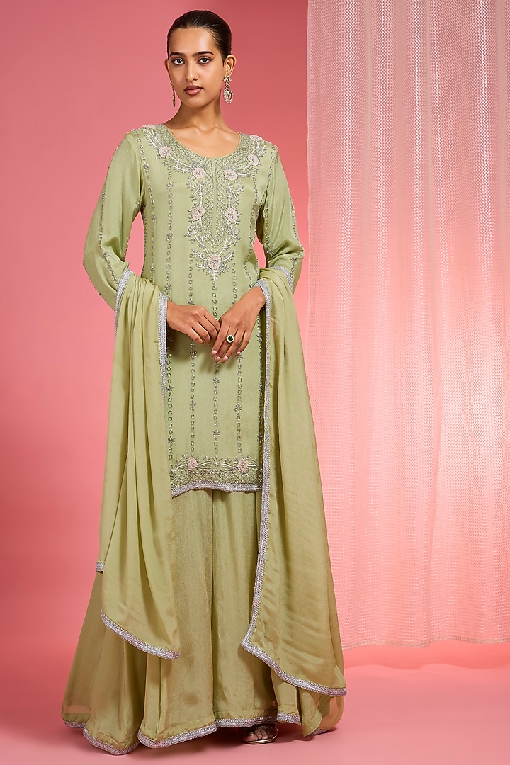 Light Green Viscose Chinon Chiffon Party Wear Sharara Set by Milu Madan at Pernia's Pop Up Shop