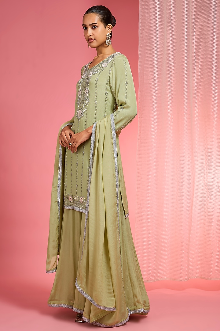 Light Green Viscose Chinon Chiffon Party Wear Sharara Set by Milu Madan at Pernia's Pop Up Shop