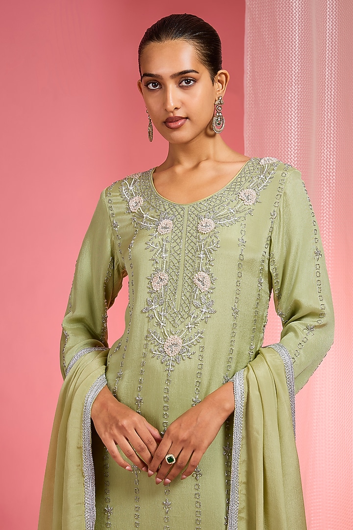 Light Green Viscose Chinon Chiffon Party Wear Sharara Set by Milu Madan at Pernia's Pop Up Shop