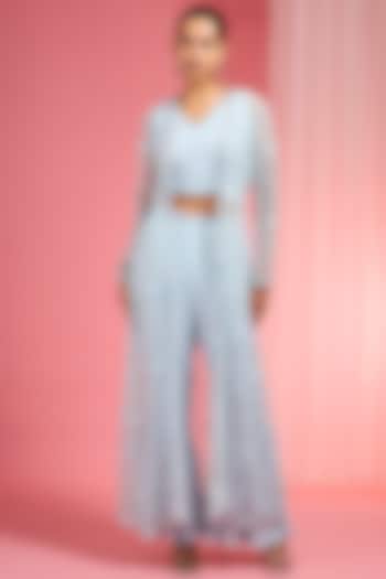 Powder Blue Net Resham Embroidered Cape Set by Milu Madan at Pernia's Pop Up Shop