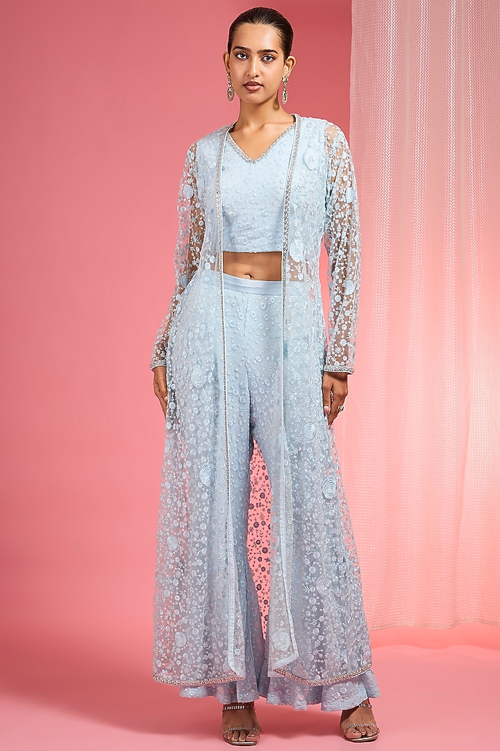Powder Blue Net Resham Embroidered Cape Set by Milu Madan at Pernia's Pop Up Shop