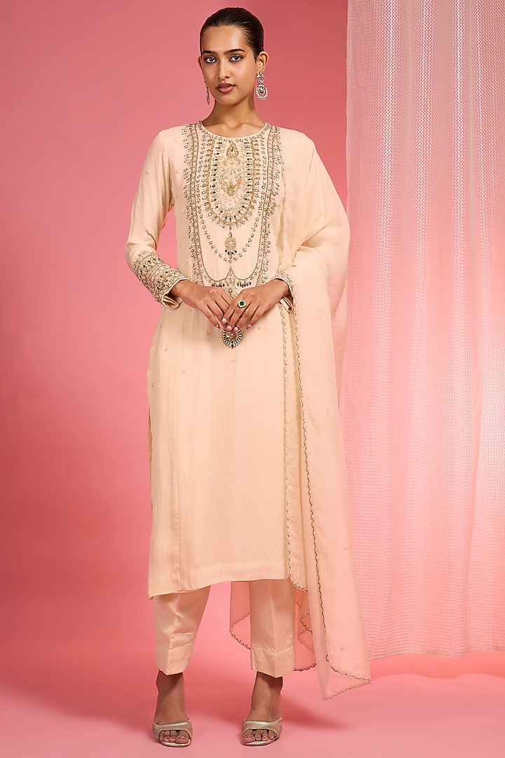 Light Beige Organza Hand Embroidered Kurta Set by Milu Madan at Pernia's Pop Up Shop