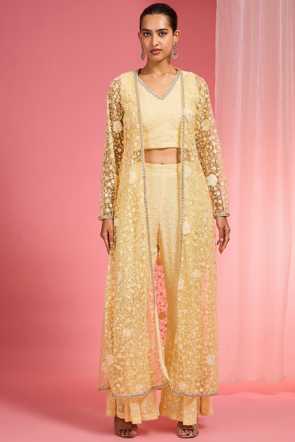 Milu Madan Yellow Net Resham Embroidered Cape Set