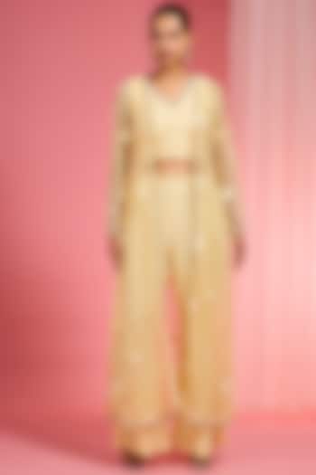 Yellow Net Resham Embroidered Cape Set by Milu Madan at Pernia's Pop Up Shop
