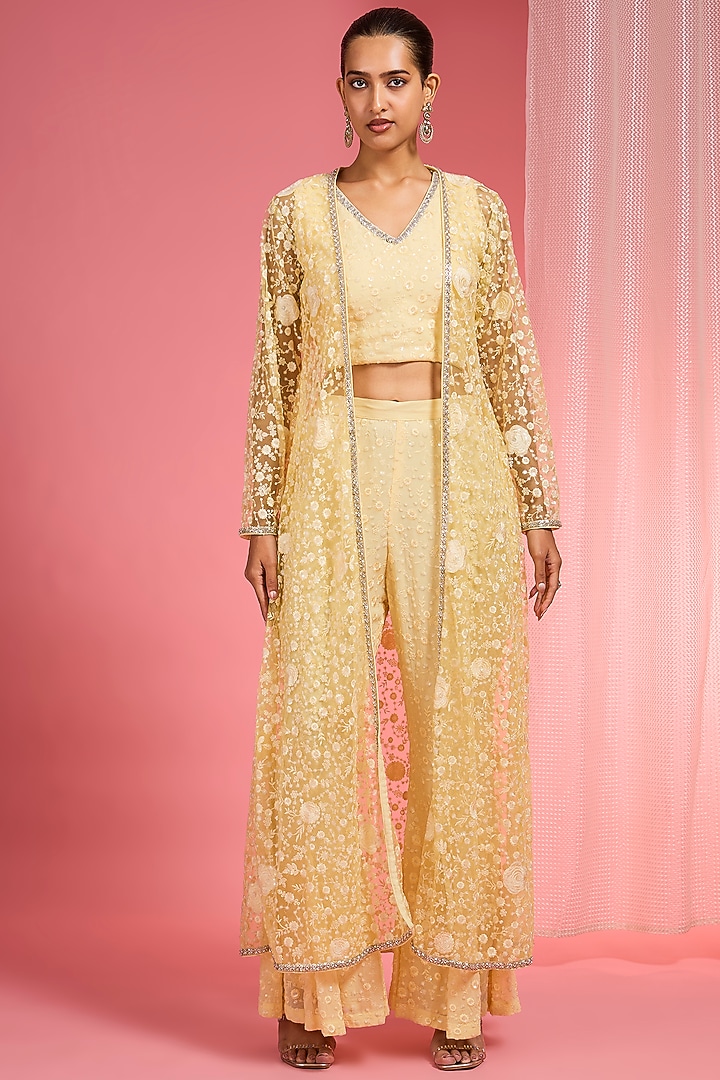 Yellow Net Resham Embroidered Cape Set by Milu Madan at Pernia's Pop Up Shop