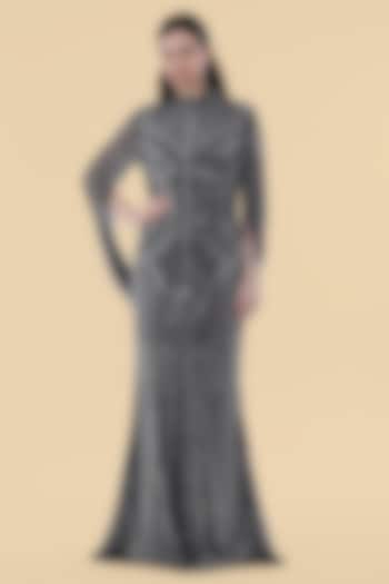 Dark Blue Net Cutdana Embroidered Wedding Gown by Milu Madan at Pernia's Pop Up Shop