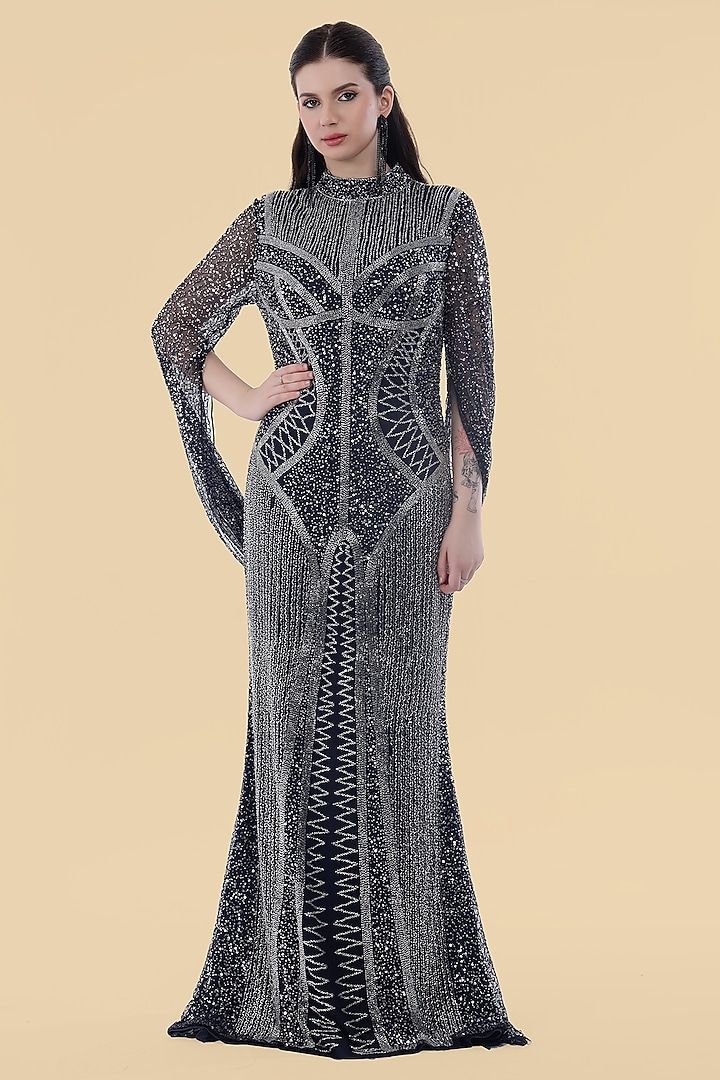 Dark Blue Net Cutdana Embroidered Wedding Gown by Milu Madan at Pernia's Pop Up Shop
