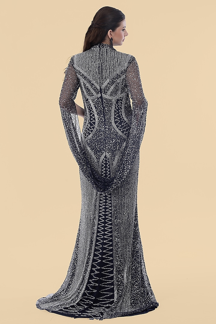 Dark Blue Net Cutdana Embroidered Wedding Gown by Milu Madan at Pernia's Pop Up Shop