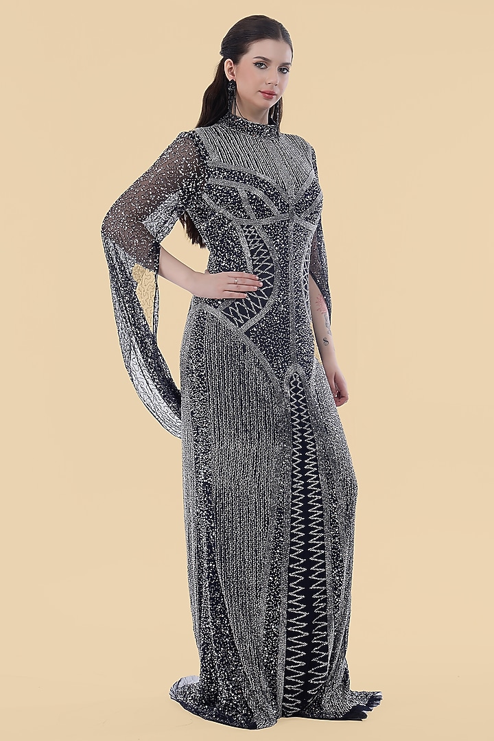 Dark Blue Net Cutdana Embroidered Wedding Gown by Milu Madan at Pernia's Pop Up Shop