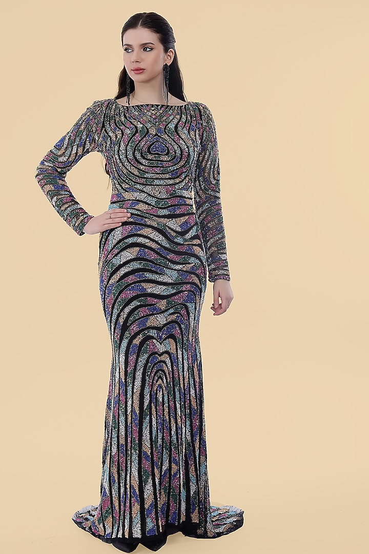 Black Net Bead Embroidered Wedding Gown by Milu Madan at Pernia's Pop Up Shop