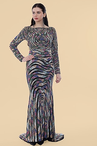 Black Net Bead Embroidered Gown by Milu Madan