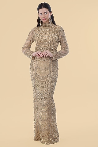 Gold Net Crystal Embroidered Gown by Milu Madan