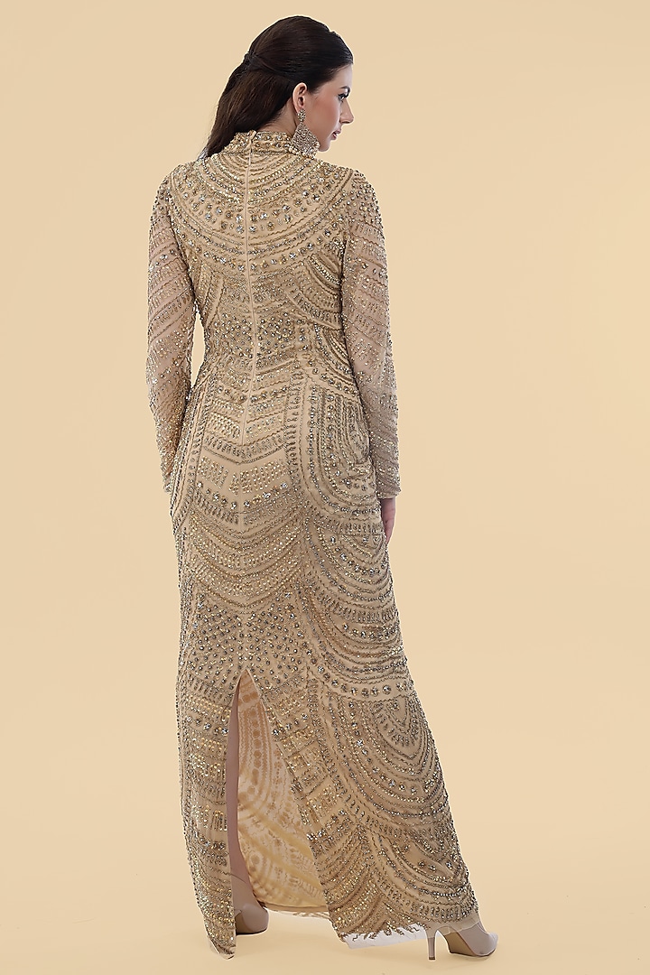 Gold Net Crystal Embroidered Wedding Gown by Milu Madan at Pernia's Pop Up Shop