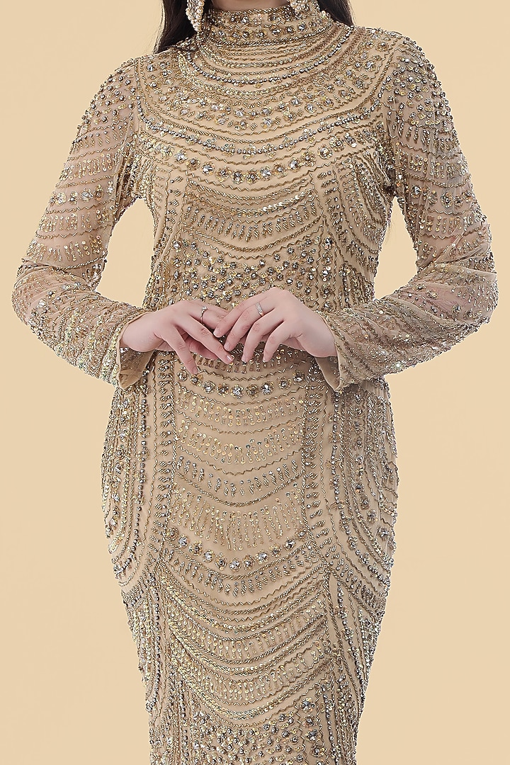 Gold Net Crystal Embroidered Wedding Gown by Milu Madan at Pernia's Pop Up Shop