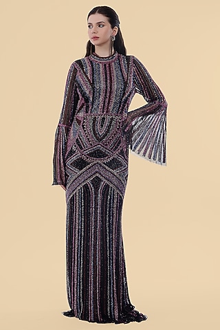 Black Net Bead Embroidered Gown by Milu Madan