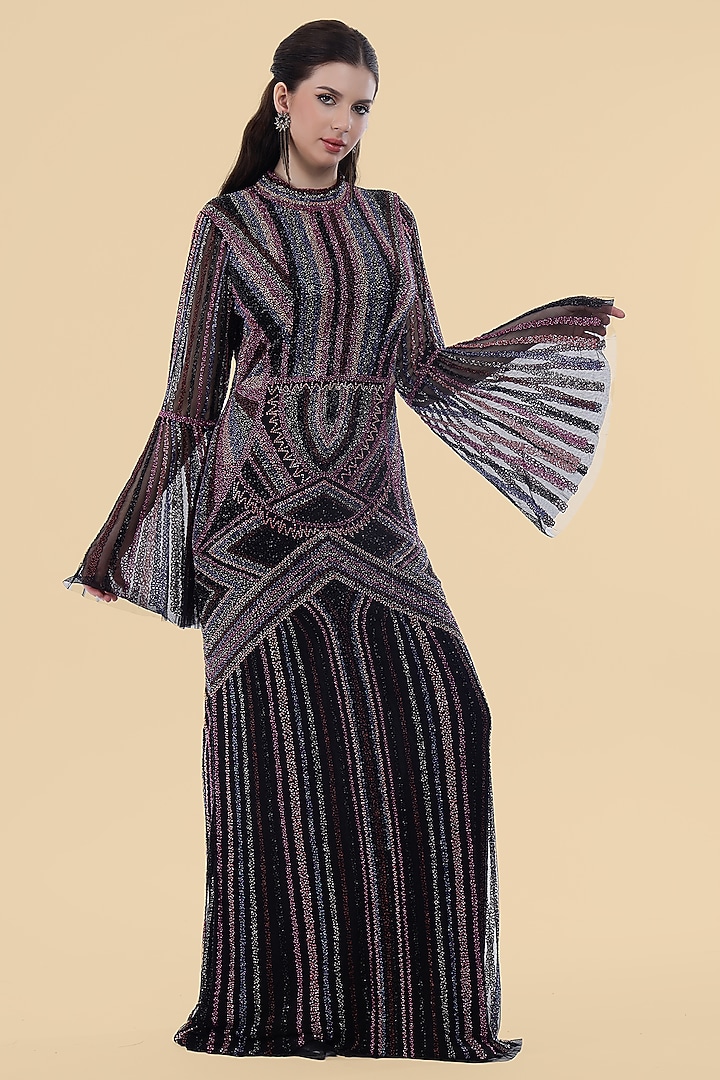 Black Net Bead Embroidered Wedding Gown by Milu Madan at Pernia's Pop Up Shop