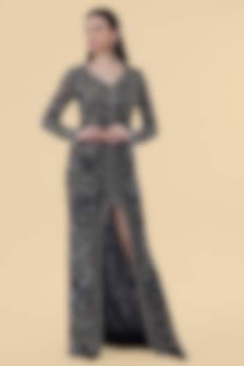 Black Net Floral Embroidered Wedding Gown by Milu Madan at Pernia's Pop Up Shop