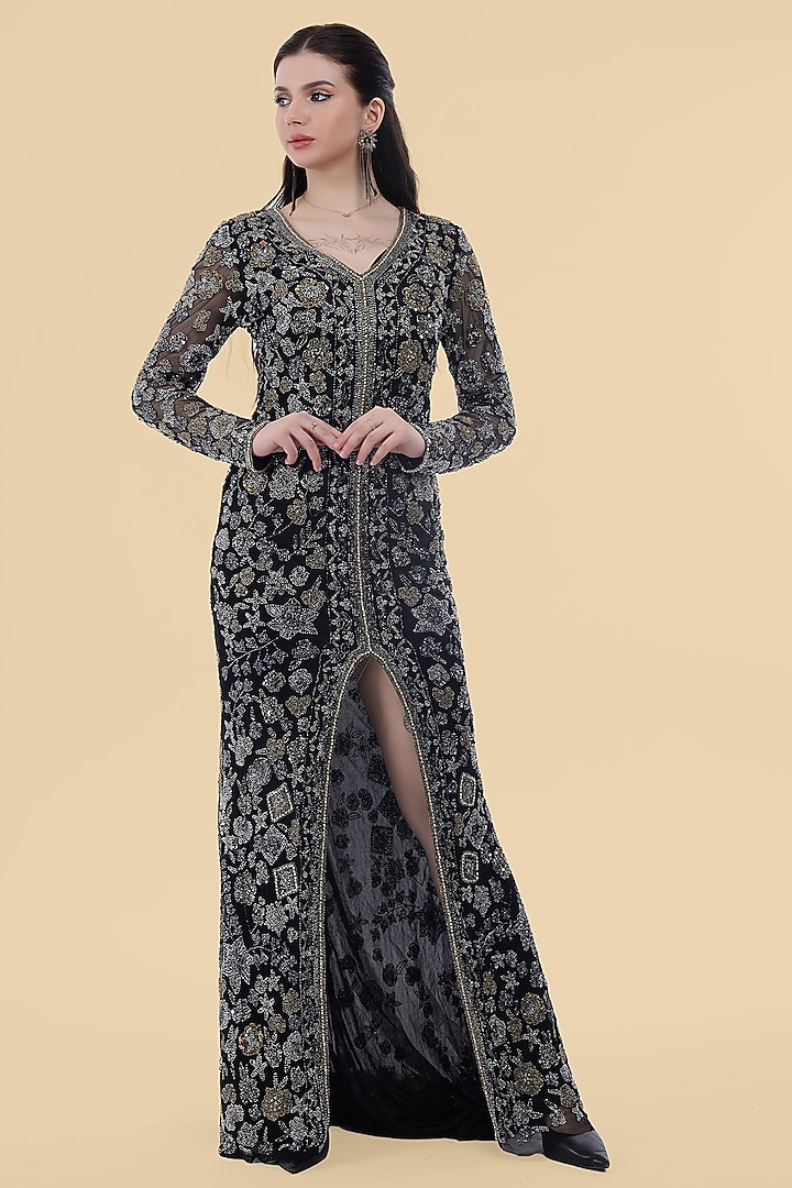 Black Net Floral Embroidered Wedding Gown by Milu Madan at Pernia's Pop Up Shop