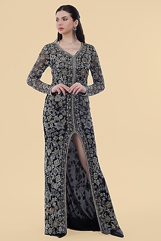 Black Net Floral Embroidered Gown by Milu Madan