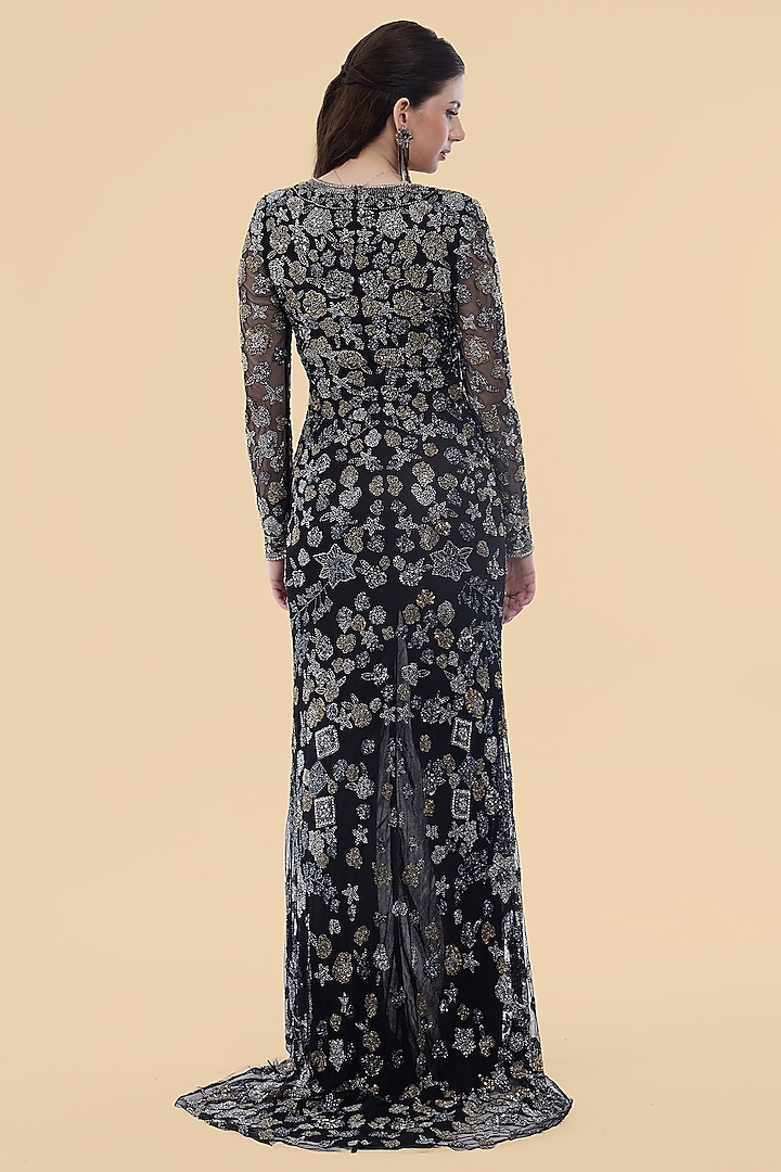 Black Net Floral Embroidered Wedding Gown by Milu Madan at Pernia's Pop Up Shop