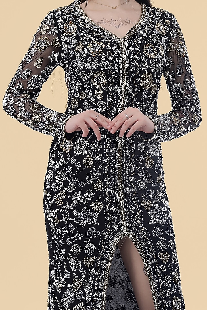 Black Net Floral Embroidered Wedding Gown by Milu Madan at Pernia's Pop Up Shop