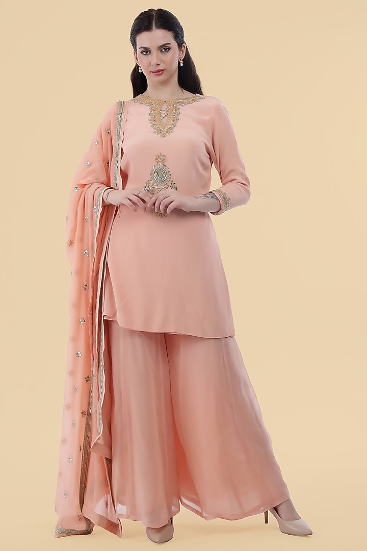 Peach Organza Party Wear Sharara Set by Milu Madan at Pernia's Pop Up Shop